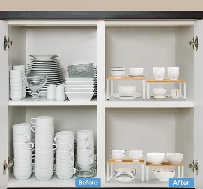 NEX Kitchen Cabinet and Counter Shelf Organizer, Stackable & Expandable, White and Natural
