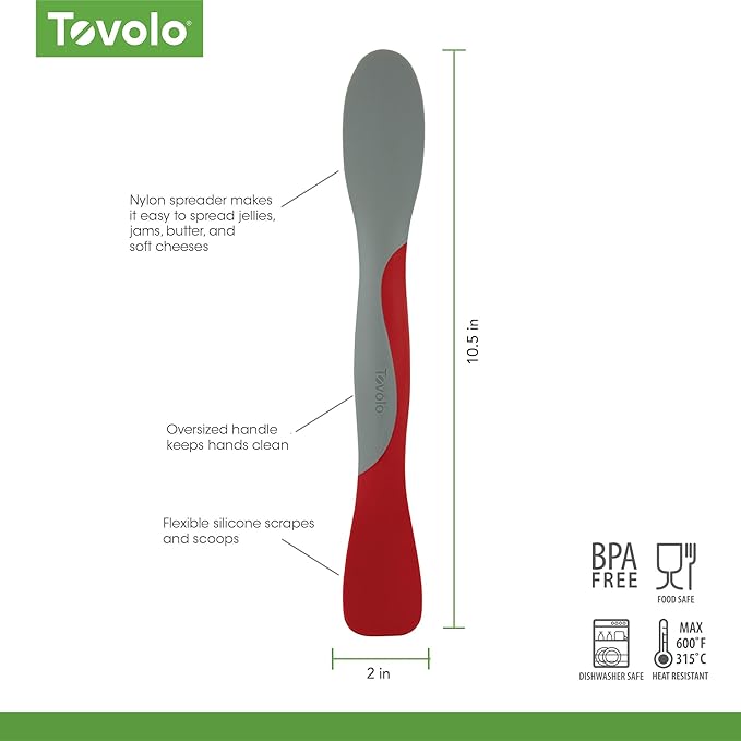 Tovolo Scoop and Spread Large Dual End Silicone Sandwich Spreader Tool with Nylon Handle, BPA Free Dishwasher Safe Silicone and Nylon Tool for Spreading and Scooping, Cayenne Red and Oyster Gray