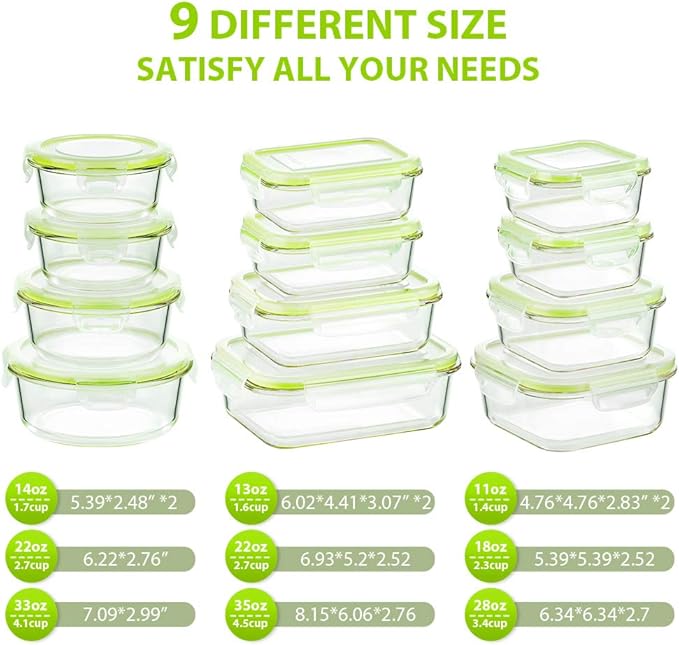 Bayco Glass Food Storage Containers with Lids, [24 Piece] Glass Meal Prep Containers, Airtight Glass Bento Boxes, Leak Proof (12 lids & 12 Containers) - Green