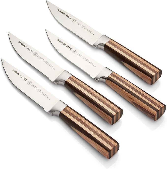 Schmidt Brothers, Farmhouse 4-Piece Jumbo Steak Knife Set, High-Carbon German Stainless Steel Cutlery in a Wood Gift Box