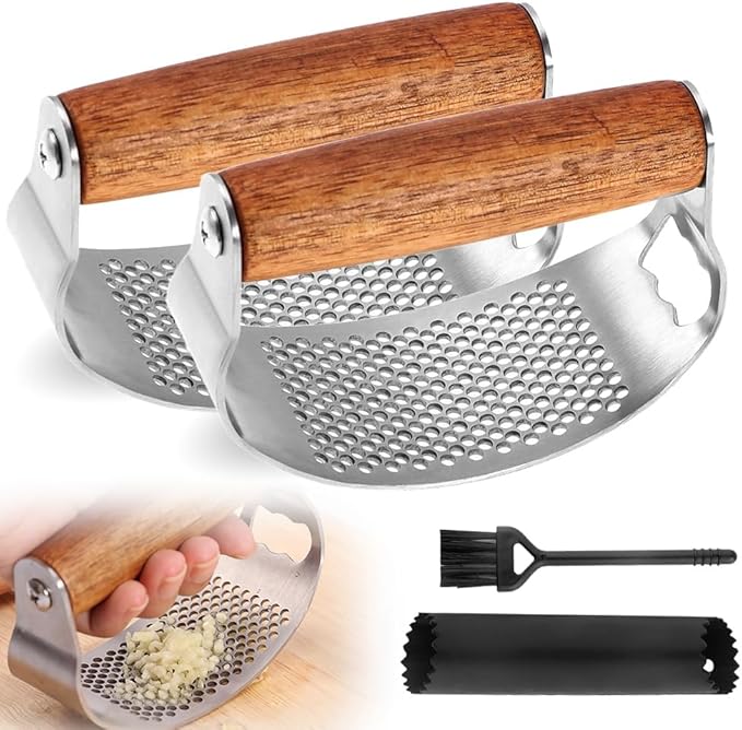 Stainless Steel Garlic Presser, Upgraded Garlic Press Rocker with Peeler and Cleaning Brush, Ergonomic Handle for Cooking Enthusiasts (2 pcs)