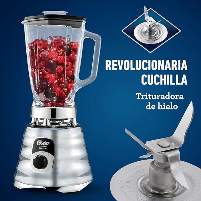 Oster Original 3 Speed Chrome Blender, 6 Times more Durable Motor, 10 Times Stronger, 5 Cup Glass Jar