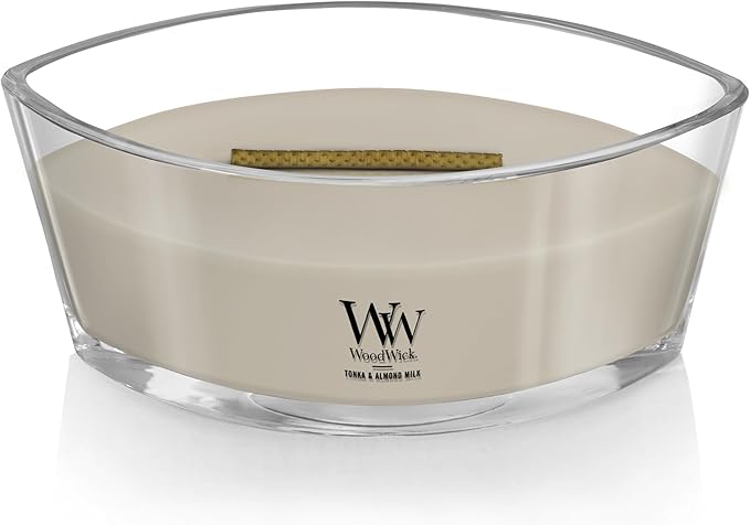 WoodWick Tonka & Almond Milk Gifts for Women and Men, 16 oz Ellipse Candle with Crackling Wick
