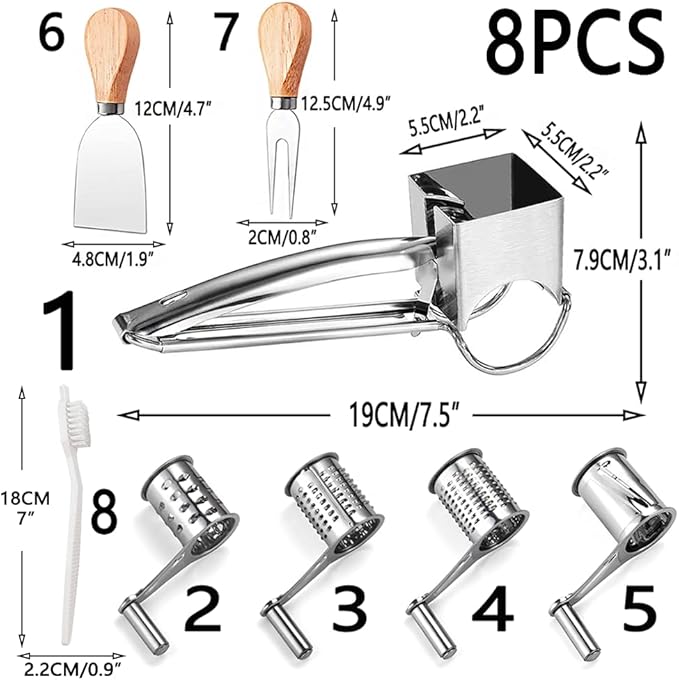 Cheese Grater set, Stainless steel Parmesan Cheese Grater, Comes with 4 stainless steel planer barrels for cheese, nuts, chocolate and more, With Cheese knife set and cleaning brush