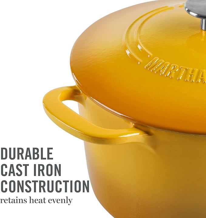 MARTHA STEWART Gatwick 7-Quart Enamel Cast Iron Dutch Oven Pot with Lid – Yellow – Heavy-Duty Dutch Oven for Slow Cooking, Braising & Baking