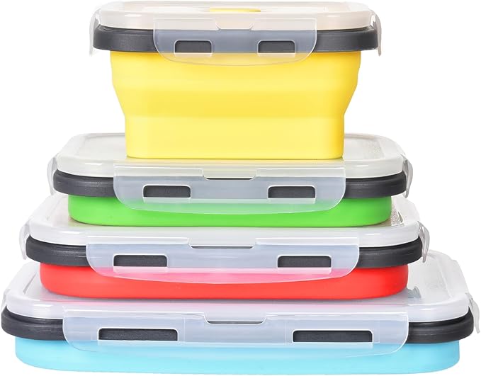 KUON Collapsible Silicone Food Storage Containers, Set of 4 Kitchen Collapsible Bowls with Airtight Lids, BPA Free, Microwave and Freezer and Dishwasher Safe (4 Colors)