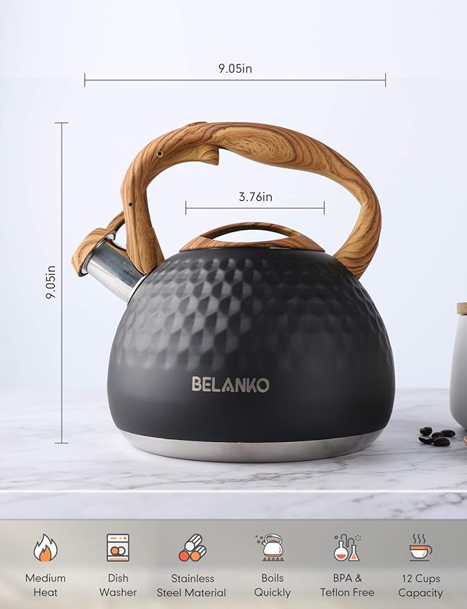 BELANKO 2.7 Quart Tea Kettle for Stovetop - Food Grade Stainless Steel with Diamond Texture, Designer Teapot Look, Cool-Touch Wood Pattern Handle, Whistling Spout - Matte Black