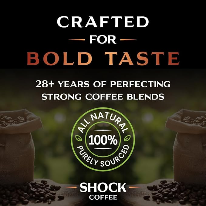 Shock Coffee Naturally Bold | Extra High Caffeine Strong Coffee | Medium Dark Roast Ground | Premium Arabica | 8 ounce