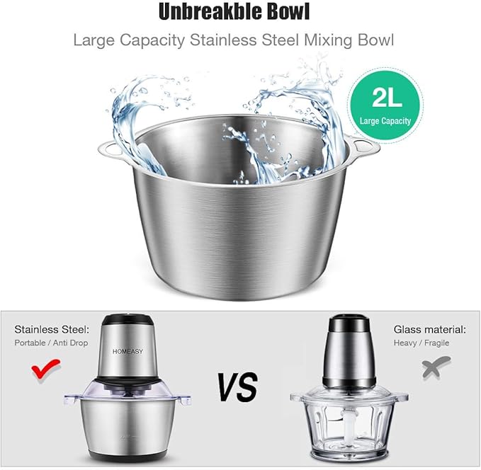 Meat Grinder Electric, Food Processor 2L Stainless Steel Meat Blender Food Chopper for Meat, Vegetables, Fruits and Nuts with 4 Sharp Blades, 350W, 8 Cups