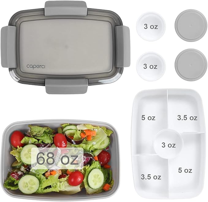 Caperci Large Salad Container for Lunch - Better Adult Bento Lunch Box 68 oz, 5-Compartment Tray, 2pcs 3-oz Sauce Cups, Stackable, BPA-Free (Gray)