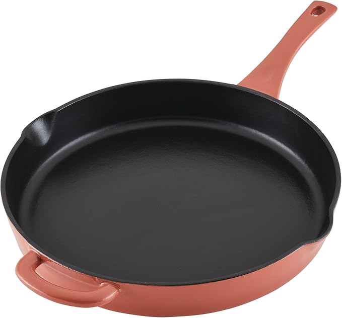 Ayesha Curry Kitchenware Enameled Cast Iron Skillet/Frying Pan with Helper Handle and Pour Spouts, 12 Inch - Redwood Red