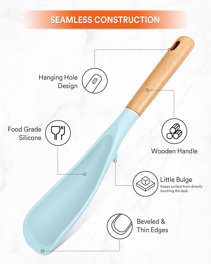 Cooking Spoon and Rice Scooper for Nonstick Cookwares, Great for Cooking and Serving Sturdy BPA-Free Matte Silicone, Wood Handle Spoon for Mixing, Scoop, and Scrape (BLUE)