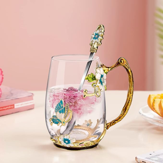 OEAGO Birthday Gifts for Women Mom Glass Coffee Enamels Mug Best Mothers Day Butterfly Gifts for Her from Daughter Son Lead-Free Christmas Tea Cup with Spoon Sets