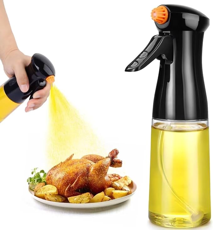 Oil Sprayer for Cooking, Upgraded Olive Sprayer Bottle, Air Fryer Accessories, Mister Vinegar Spritzer, Kitchen Gadgets for Salad, BBQ, Roasting (7oz/200ml, Black)