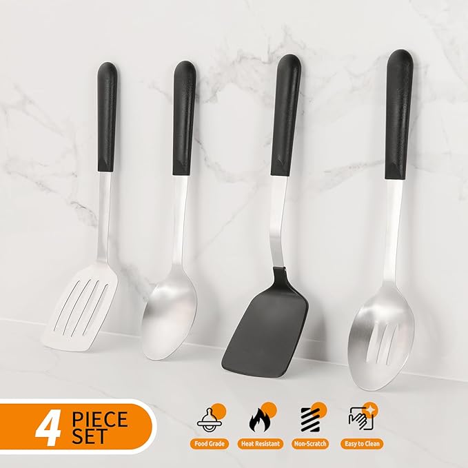 Stainless Steel Cooking Utensils Set, 4-piece Kitchen Utensil Set with PP Handles, Dishwasher Safe, Non-Stick and Heat Resistant, Spoons, Spatula for Cooking
