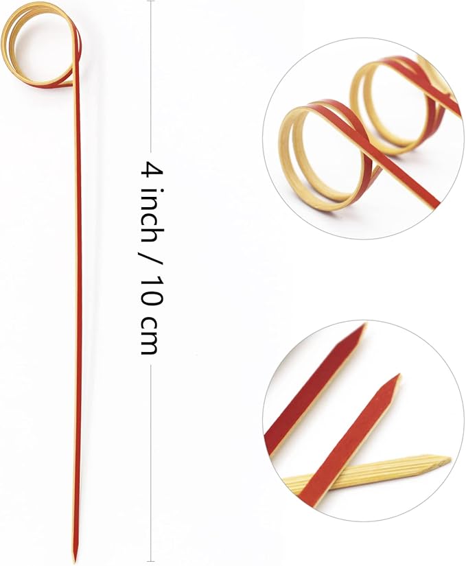 BLUE TOP Bamboo Cocktail Picks 100 PCS Red Bamboo Skewers 4 Inch with Looped Ring,Food Picks,Party Toothpicks for Appetizers,Cocktail Drinks,Barbecue Snacks,Club Sandwiches.