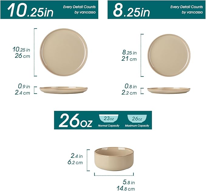 vancasso PLAYA Plates and Bowls Sets,12 Pieces Brown Dinnerware Sets for Kitchen, Reactive Glaze Dishes Set for 4, Dishwasher and Microwave Safe