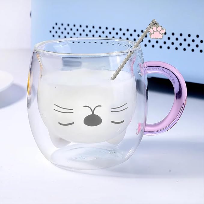 Purple Cat Mug Cute Mugs Glass Double Wall Insulated Glass Espresso Cup, Kawaii Cup, Coffee Cup, Tea Cup, Milk Cup, Best gift for Office and Personal Birthday Christmas (Purple Cat)