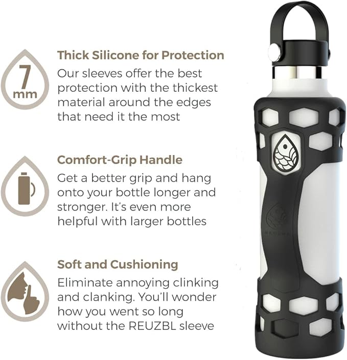 REUZBL Silicone Boot Sleeve Protector with Handle – Compatible with Hydro Flask 40oz, 32oz, 24oz, 21oz – Protective Bottle Bumper for Stainless Steel Water Bottles
