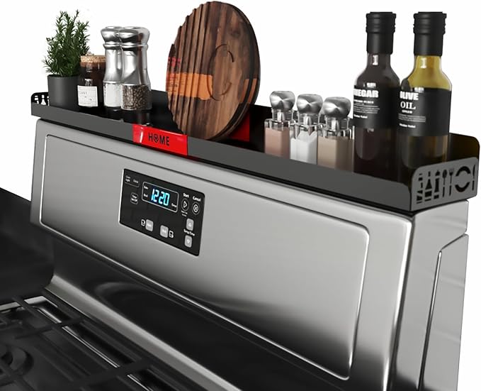 30" Magnetic Stove Top Shelf – Black Spice Rack with Red HOME Design – Seasoning Organizer for Back of Stove – Over Stove and Kitchen Storage Shelf