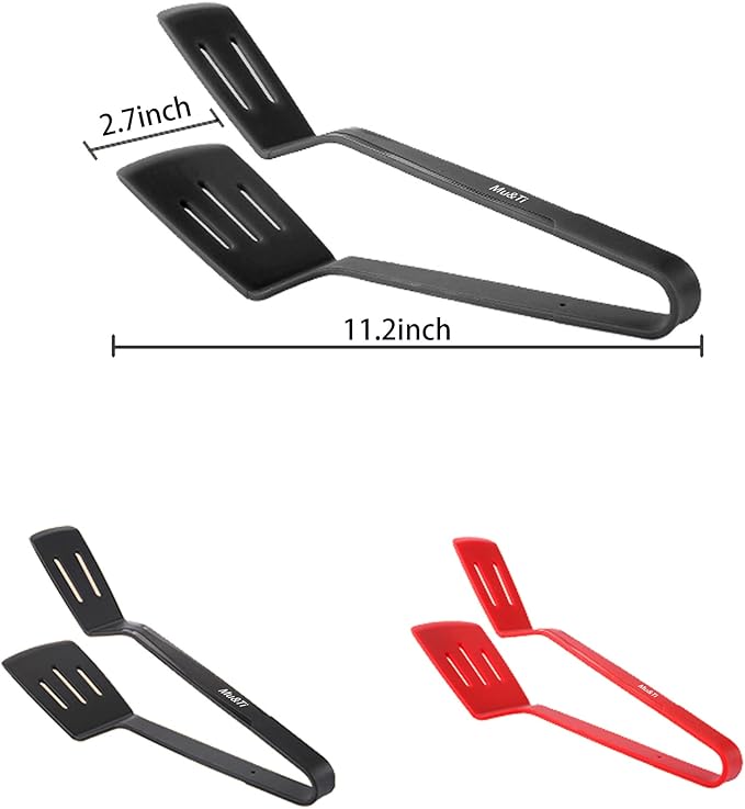Mu&Ti Silicone Kitchen Tongs 2-in-1 11 In Premium Stainless Steel Barbecue Clamp Multipurpose BBQ Clamp Spatula for Gripper Bread Clip/Fried Steak Clamp/Flipping Fish/Beefsteak Flipper Two Set(Black)