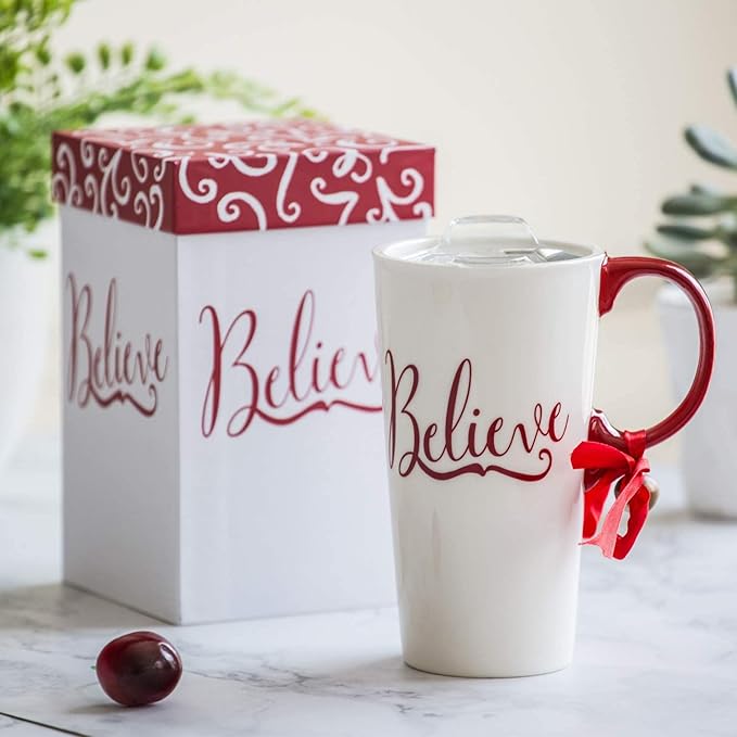 Topadorn 17oz Christmas Ceramic Travel Coffee Mug with Lid Tea Cup with Color Box, Microwave & Dishwasher Safe, Xmas Coffee Mug for Latte & Hot Chocolate, Holiday Gift Her Him, Believe