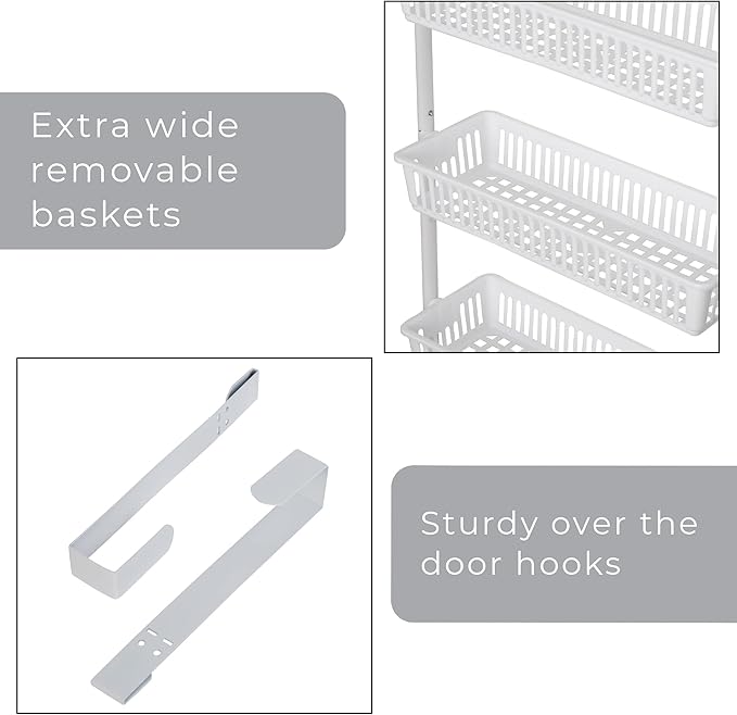 Smart Design Over-The-Door Organizer for Storage – Perfect for Pantry Organization, Bedroom, Bathroom Storage, Playroom, or Kitchen - Adjustable Steel Frame with 6 Baskets & Wall Mount – White