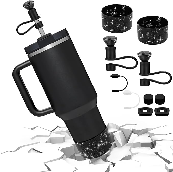 Mity rain Set for Stanley Cup Accessories, Including 2Pcs Straw Topper, 4 Pcs Silicone Spill Proof Stopper, 2Pcs Protective Glitter Silicone Boot, Set for Stanley Cup 40/30 OZ(2 Black)