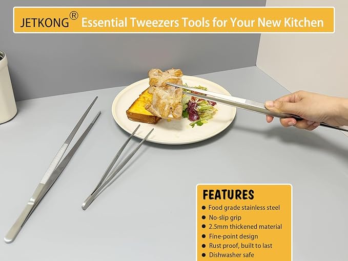 JETKONG 16 Inch Cooking Tweezers Extra Long Kitchen Tweezers, Large Stainless Steel Tweezer Tongs for Cooking Grilling and BBQ