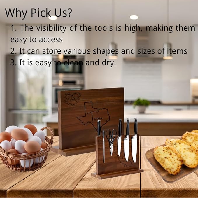 Personalized magnetic knife holder featuring the shape and name of the state where the US is located, as well as the date. Suitable for custom wedding, new home moving gifts, etc.