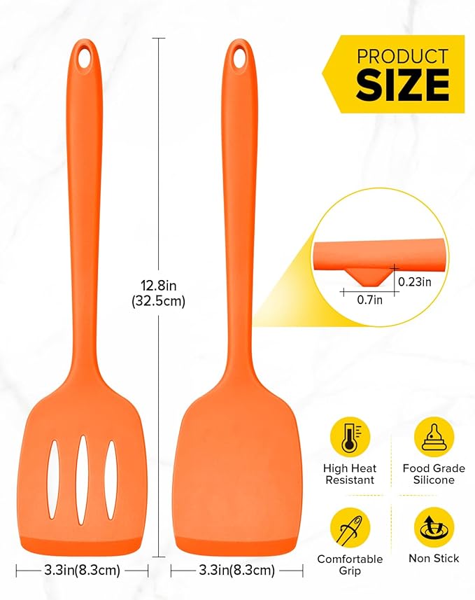 Pack of 2 Silicone Spatula Turners, Non Stick Slotted Kitchen Spatula Set, Heat Resistant BPA Free Kitchen Utensils, One-Piece Design, Suitable for Flipping Fish, Eggs, Steak, Pancakes (ORANGE)