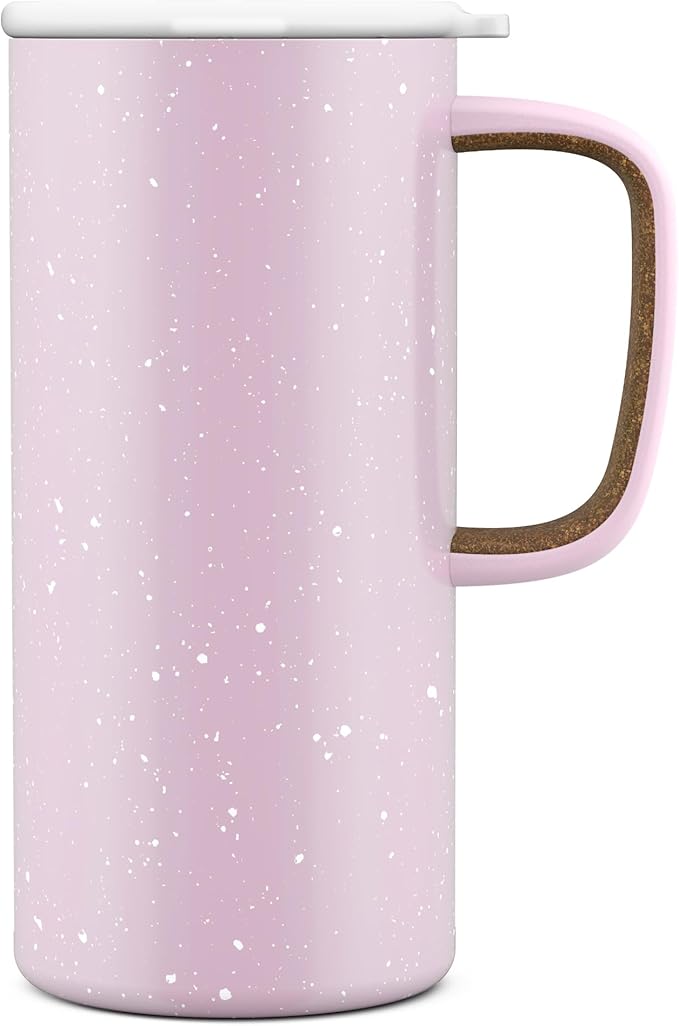 Ello Campy 18oz Stainless Steel Travel Mug with Handle and Leak Proof Lid | Vacuum Insulated Coffee Cup for Hot or Cold Drinks | Reusable, BPA Free | Gift for Coffee Lovers, Pink Satin