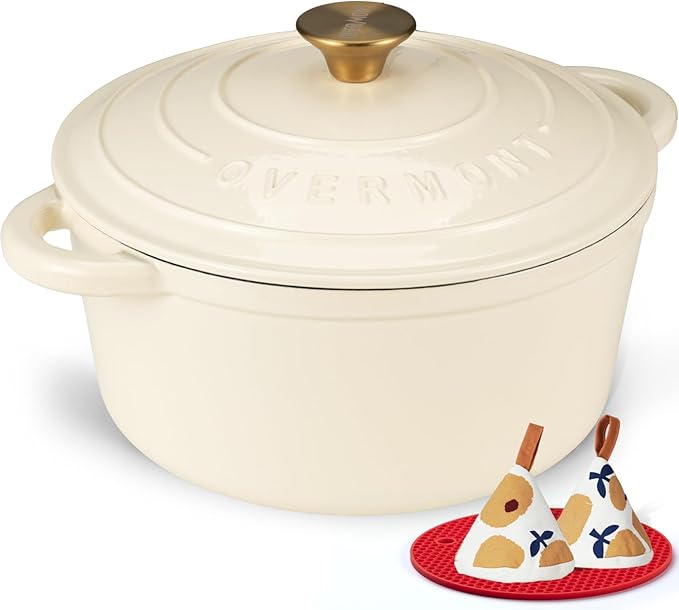 Overmont Enameled Cast Iron Dutch Oven - 4.5QT Pot with Lid Cookbook & Cotton Potholders - Heavy-Duty Cookware for Braising, Stews, Roasting, Bread Baking Cream White