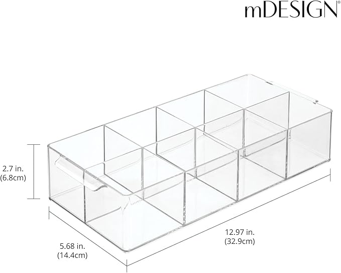 mDesign Plastic Condiment Organizer and Tea Bag Holder - 8-Compartment Kitchen Pantry/Countertop Storage Caddy - Divided Chip, Snack, Oatmeal Packet Holder - Lumiere Collection - Clear