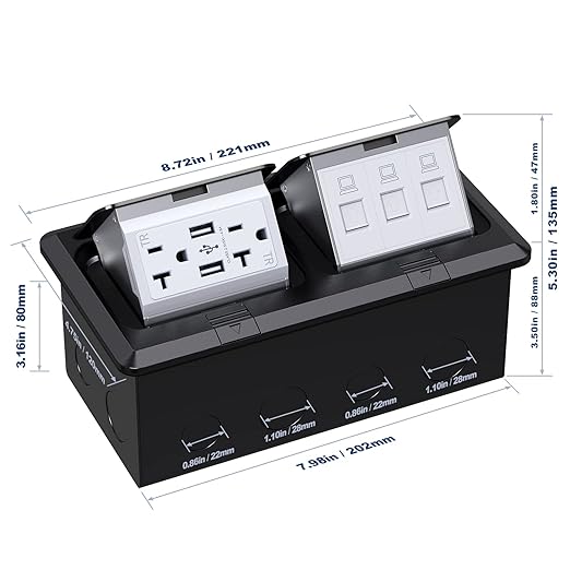 KYHSHJ Dual Pop-Up Floor Electrical Outlet Box Kit，20 Amp Stainless Steel USB TR Receptacle Outlet，3-Port RJ45 Datacom Receptacle，Waterproof Gasket with IP44 Waterproof Rating, ETL Listed, Black