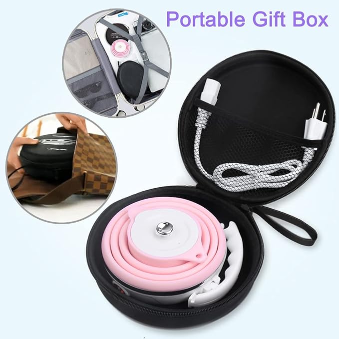 Upgrade Travel Kettle, ShineMe Food Grade Silicone Dual Voltage 110-220V Ultrathin Portable Electric Water Kettle with Cup, Universal Adaptor and Detachable Power Cord, 555ML (Pink)