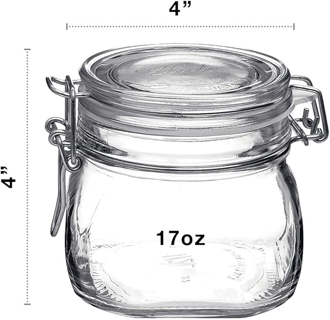 Bormioli Rocco Fido 17.5 Ounce Glass Storage Jars: Airtight Hinged Lid With Leak Proof Gasket, Wide Mouth Food Container - For Zero Waste Air Tight Preserving Jam, Spices, Coffee, Sugar & Herbs