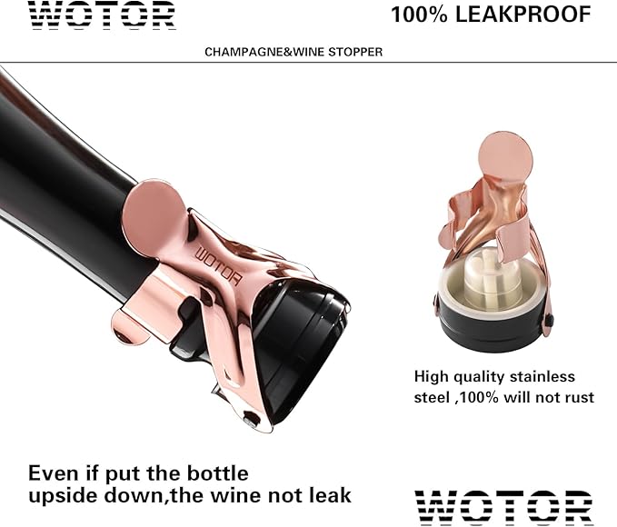WOTOR Champagne&Wine Bottle Stoppers Stainless Steel with Food Grade Silicone, Leak Proof Keep Fresh Reusable Saver, Cork Suitable for Wine, Champagne, Cava, Prosecco and Sparkling (12 Pack Rosegold）