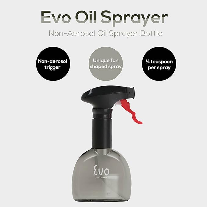 Evo Mini Oil Sprayer Bottle | Non-Aerosol for Olive Oil, Cooking Oils, Vinegars | 8-Oz Capacity | Rotatable Nozzle | Gourmet Cooking Tools - Food-Safe Materials - Charcoal, Set of 2