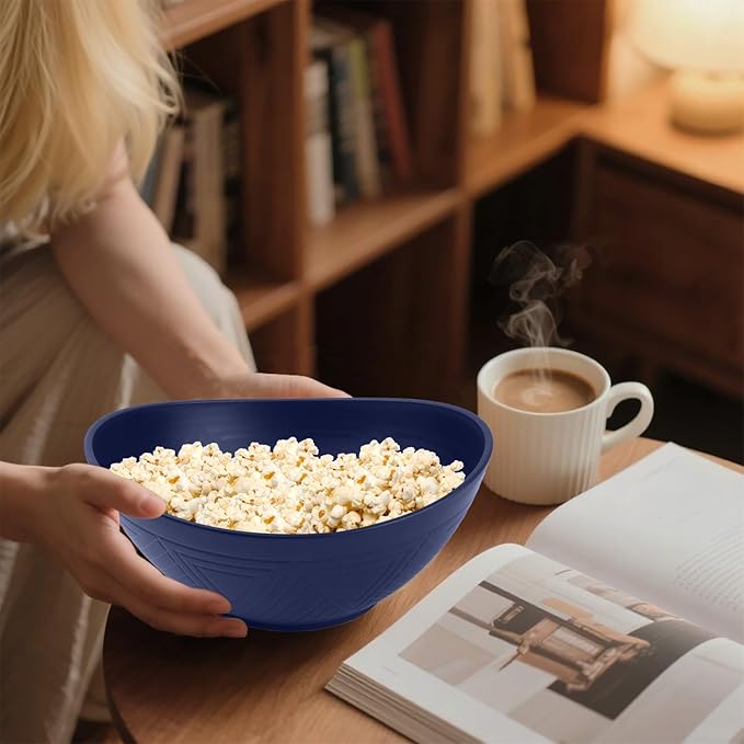 Homienly Wheat Straw Bowls, 9.6 inch Salad Bowls, Large Serving Dishes for Wedding Parties, Camping, 60 OZ Bowl Set for Salad, Popcorn, Oval Shape, Microwave & Dishwasher Safe, Set of 4, Dark Blue