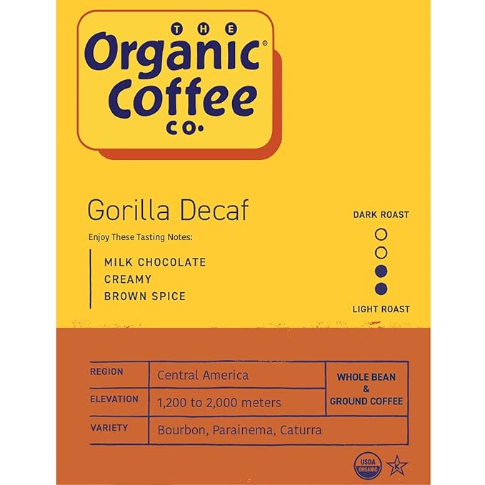 Organic Coffee Co. Gorilla Decaf Whole Bean Coffee 2LB (32 Ounce) Medium Light Roast Natural Water Processed Decaffeinated USDA Organic
