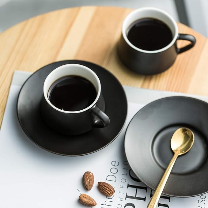 YHOSSEUN Ceramic Espresso Cups Set of 6, 4 Oz Expresso Shots Cup with Stand & Saucers, Small Coffee Espresso Cup Demitasse Cups, Black