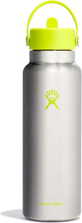 Hydro Flask Water Bottle - Insulated Stainless Steel - Wide Mouth Flex Straw Lid, Non Spill, Leakproof and Refillable in 40 Oz Stainless Steel Lime