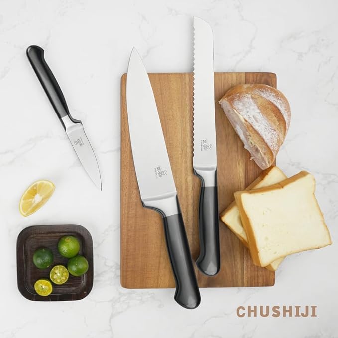CHUSHIJI knife set with block and Sharpener, 15-Piece Premium Knife Block Set,Anti-slip Handle,Kitchen knife set with Built-in Sharpener,Gift Box Included, Grey