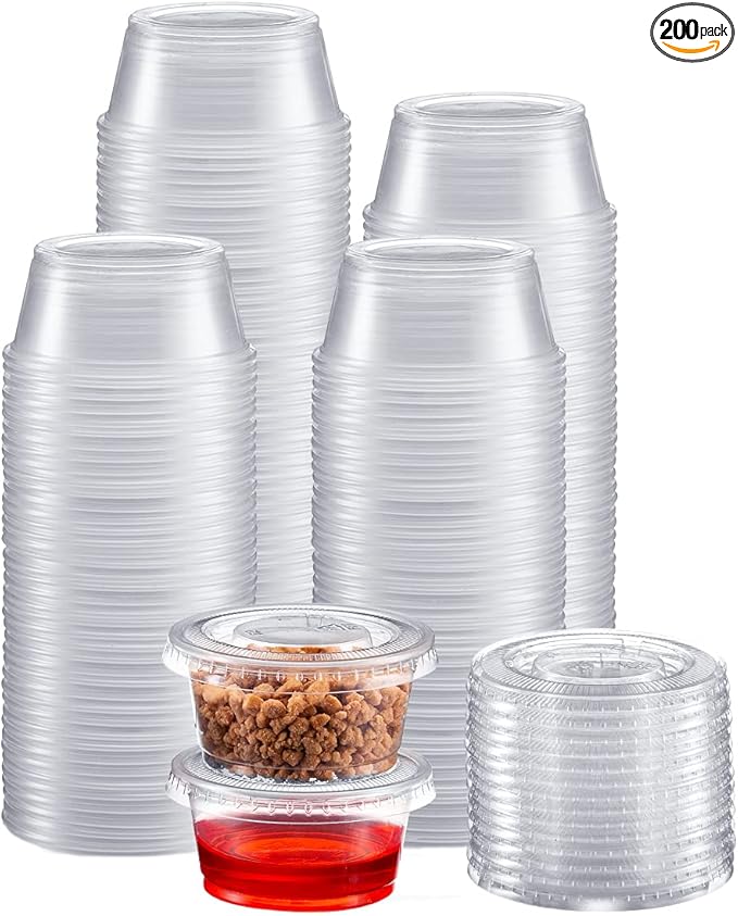 Portion Cups with Lids (3.25 Ounces, 200 Pack) | Disposable Plastic Cups for Meal Prep, Portion Control, Salad Dressing, & Medicine | Small Plastic Condiment Container
