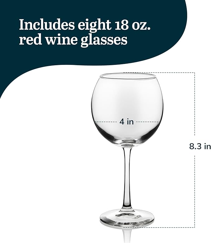 Libbey Midtown Red Wine Glass Set, 18.25 Oz Elegant Large Red Wine Glasses Set of 8, Long Stem Glass Wine Glasses for Weddings, Birthdays, and More