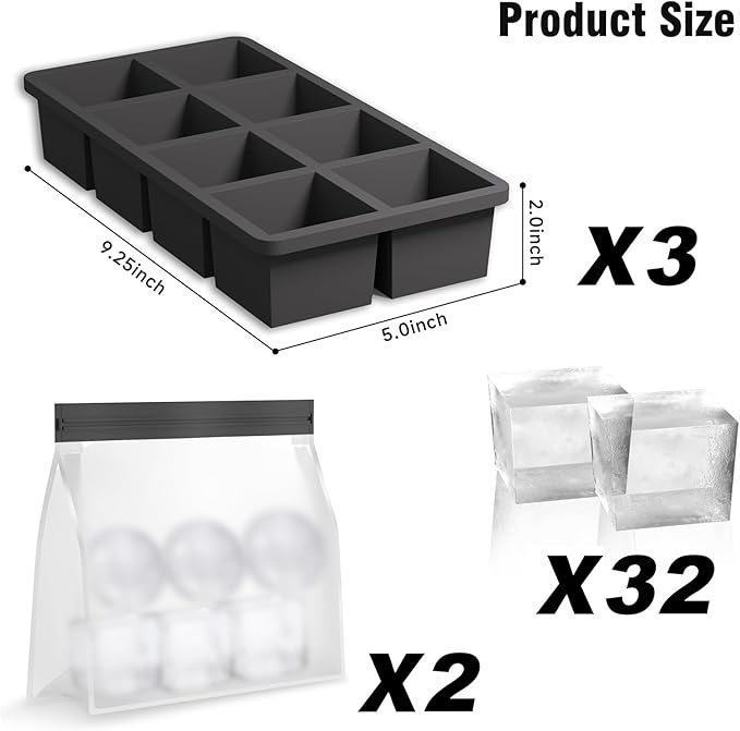 Samuelworld Large Silicone Ice Cube Tray Molds, 3-Pack, Big 2 Inch Cubes - Food Grade, Flexible, 8 Cavity Easy Release Slow Melting Ice for Whiskey, Cocktails, Gifts & Christmas - Black（Ice Bag）