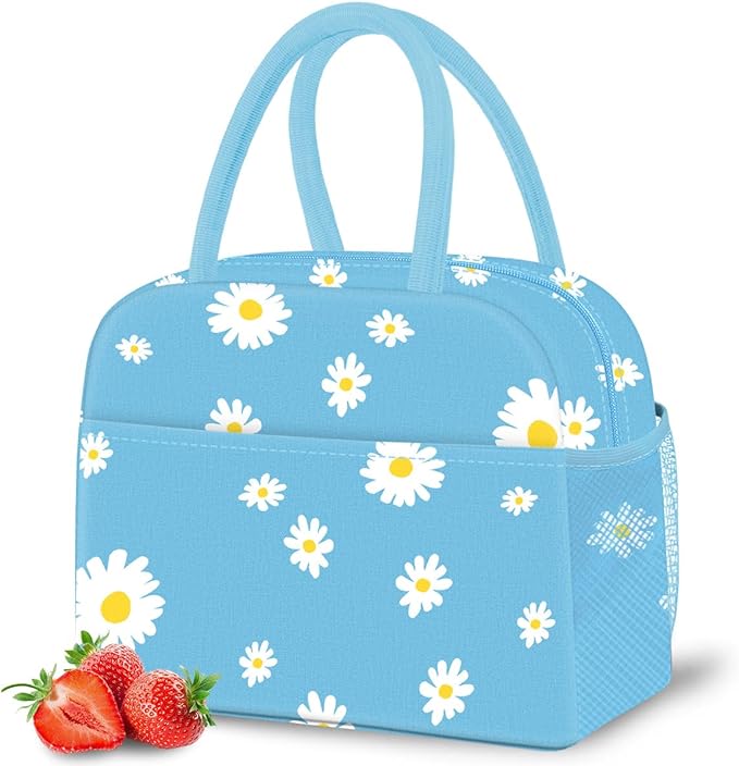 DALINDA Lunch Bag Lunch Box for Women Men Reusable Insulated Lunch Tote Bag,Food Handbags Case High Capacity for Travel Work Picnic,Sky Blue Daisy