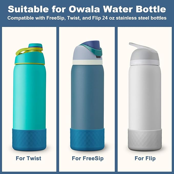 2PCS Silicone Water Bottle Boot for Owala 24oz, Protective Bottom Bumper Anti-Slip Sleeve for FreeSip, Twist, and Flip Stainless Steel Bottles, Dishwasher Safe and BPA Free(Grey+Dark Blue)