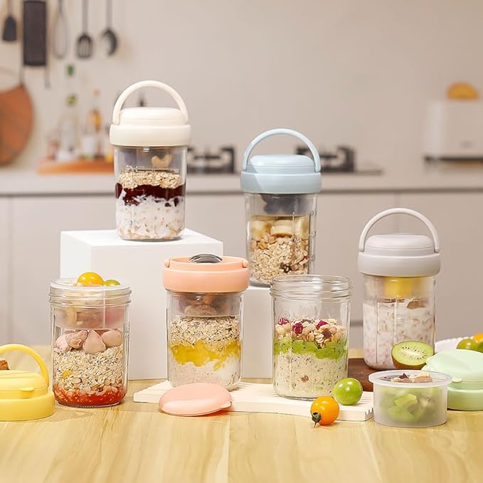2 Pack Overnight Oats Containers with Lids and Handles, Folding Spoons & Divided Compartments for Fruit & Nuts, 16oz Glass Mason Jars for Oatmeal, Meal Prep & Breakfast (Cream/Blue)